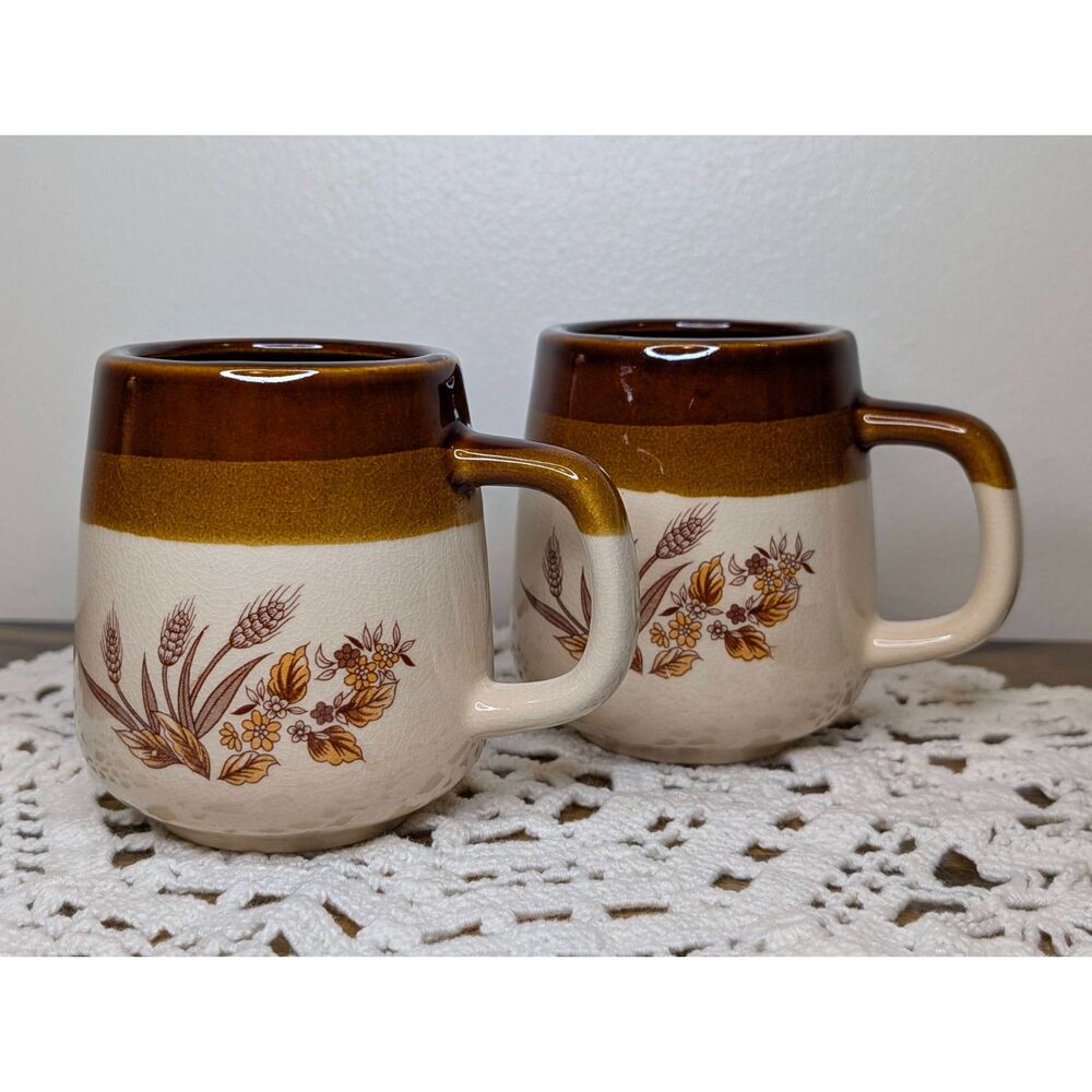 Vintage Autumn Wheat & Floral Stoneware Coffee Mugs Set of 2
